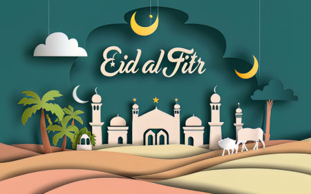 Eid al-Fitr greeting card. Paper cut style. Vector illustration.の素材