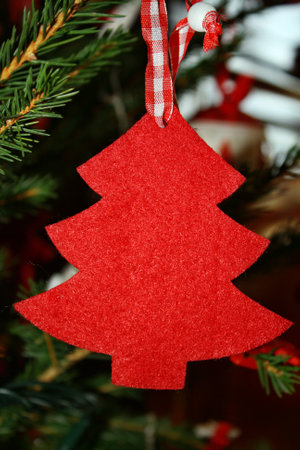 Christmas tree with red felt decorationの写真素材