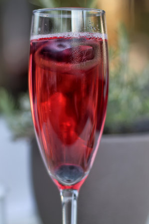 A glass of red wine with ice on a table in a restaurantの写真素材