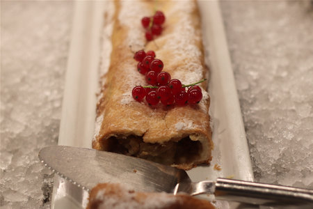 Apple strudel with red currant on a white plate.の写真素材