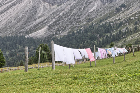 Clothes drying in a green meadow in the Dolomitesの写真素材