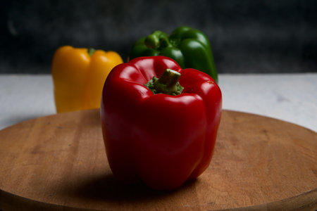 Red and yellow bell peppers on a wooden cutting board. Dark background.