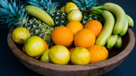 Fresh fruits banana oranges lemon pineapple . Set of different fresh fruitsの写真素材