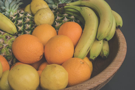 Fresh fruits banana oranges lemon pineapple . Set of different fresh fruitsの写真素材