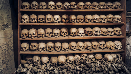 Wall of human skulls, Meteora monastery, Thessaly Greece