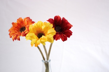 Three colourful  fake flowers in  a clear vaseの写真素材