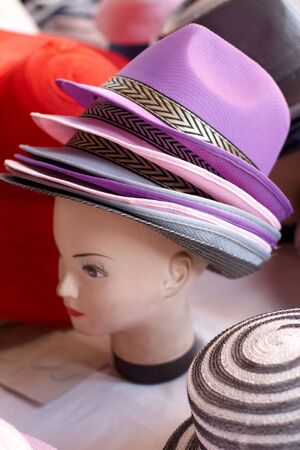 Ladies hats on a mannequin head on a market stallのeditorial素材