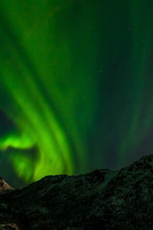 beautiful polar lights aurora borealis, northern lights, over mountains with many stars on the sky in Lofoten islands, Norway, long shutter speed.の写真素材