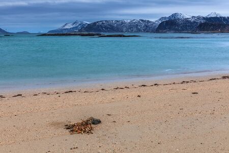 beautiful view over sand beach and fjord. Sommaroy, Norway. Winter. Polar night. long shutter speedの写真素材