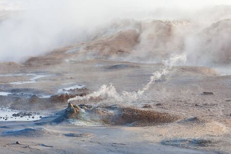 Steam coming from geothermal power plants in Iceland. A popular source of green power among Nordic countriesの写真素材