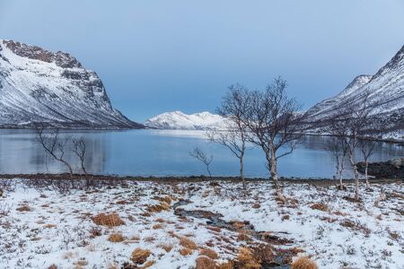 beautiful view over fjord in Tromso, Norway. Winter. Polar night. long shutter speedの写真素材