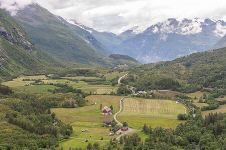 On the way to observation place in Dalsnibba mountain. Geiranger fjord Norway, selective focus. View from the viewpoint.の写真素材