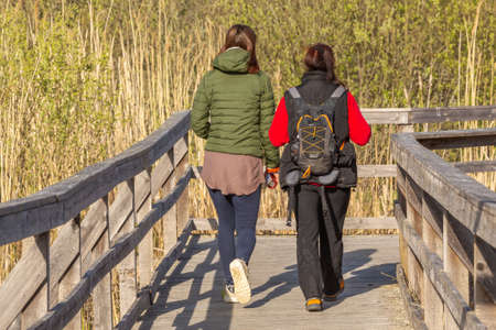 Enkoping, Sweden - Maj 24, 2020: Two women go into the distance along a wooden walkwayのeditorial素材