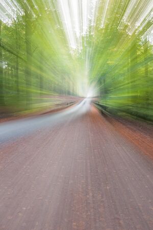 Abstract photo, forest road in summar photographed with different effects of motion and zoom. Colorful textured background. long shutter speed.の写真素材