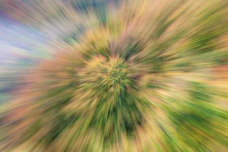 Abstract photo, forest in autumn photographed with different effects of motion and zoom. Colorful textured background. long shutter speed.の写真素材