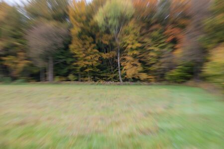Abstract photo, forest in autumn photographed with different effects of motion and zoom. Colorful textured background. long shutter speed.の写真素材
