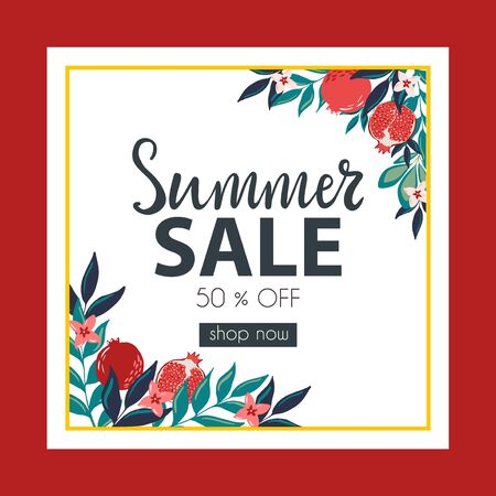 Summer Sale hand drawn lettering banner with delicious and ripe pomegranate fruits and tropic leaves.Promotional flyer templateのイラスト素材
