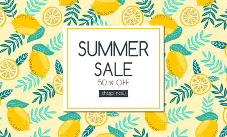 Summer Sale promotional banner with hand drawn fruits pattern background for flyers, covers, banners and cardsのイラスト素材