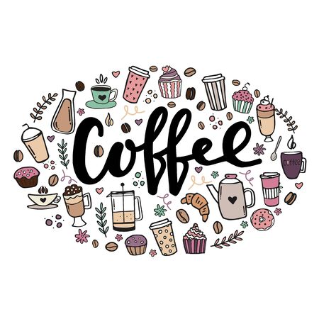 Hand drawn poster about coffee. Hand written lettering design illustrationのイラスト素材