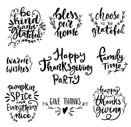 Set of hand drawn lettering fall, autumn and Thanksgiving quotes and pharses for cards, banners, posters design. Happy Thanksgiving, be kind and grateful, family time wordsのイラスト素材