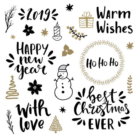 Set of christmas design elements and hand written lettering about christmas and winter holidays. Happy new year , with love, 2019, best christmas ever, ho ho ho hand written lettering phrasesのイラスト素材