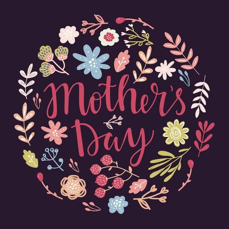 Happy Mothers day vector lettering illustration greeting card template. Hand drawn lettering text on decorated with simple colorful flowers on dark backgroundのイラスト素材