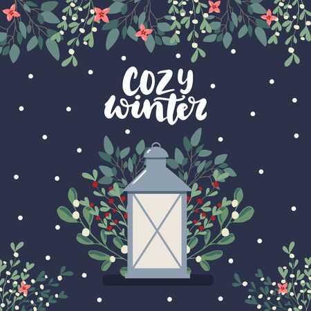 Cozy winter greeting lettering card with cute scandinavian style hand drawn illustration of lantern and eucalyptus and mistletoe branches. Merry Christmas and Happy new year bannerのイラスト素材