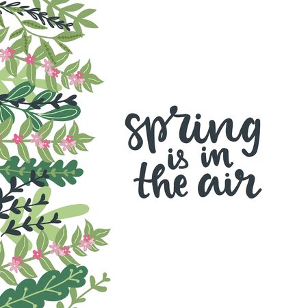 Spring is in the air hand drawn lettering phrase and leaves backgroundのイラスト素材