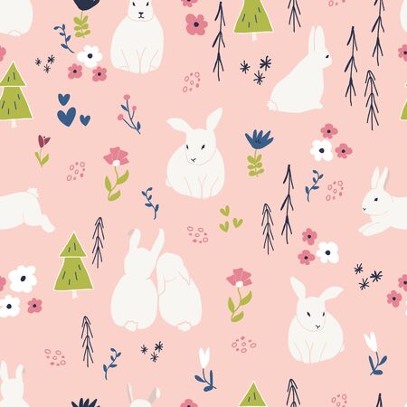 Cute rabbits and flowers seamless pattern. Spring and easter theme seamless background for nursery, baby and kids products, fabric, stationery, textileのイラスト素材