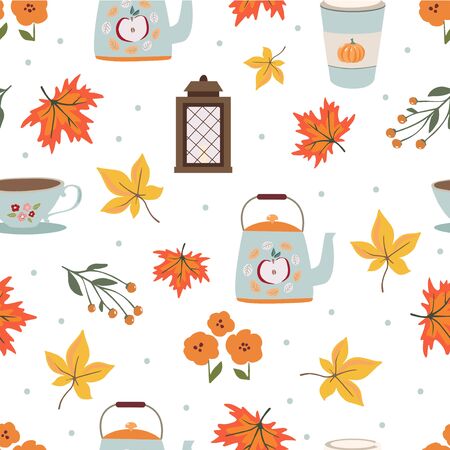 Fall and autumn season seamless pattern. Hand drawn scandinavian style repeated background texture for fabric, textile, wrapping paper, wallpaper surface design.のイラスト素材