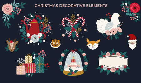 Set of vector christmas festive decorative elements, christmas illustration isolated on dark background. Floral Christmas and winter holidays fun and elegant collection in modern hand drawn styleのイラスト素材