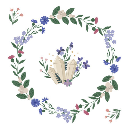 Wild grass floral wreath clipart, floral decorative vector frame, mystical illustration. Witchcraft wild grass wreathのイラスト素材