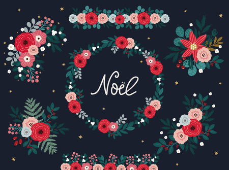 Set of vector christmas festive decorative elements, christmas illustration isolated on dark background. Floral Christmas and winter holidays fun and elegant collection in modern hand drawn styleのイラスト素材