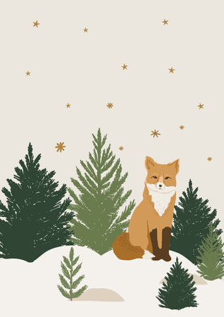 Winter landscape card design with fox animal. Vector illustration. Winter christmas scenery woodland banner, poster design.のイラスト素材