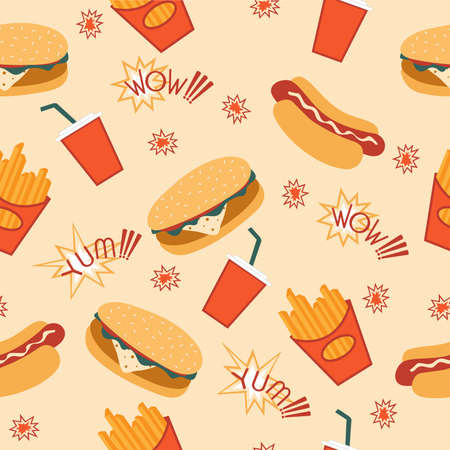 Fast food seamless vector illustration. Hot dog, french fries, burger, coffee. Text inscriptions WOW, YUM.のイラスト素材