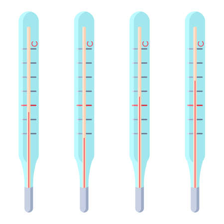 Mercury thermometers on white isolated backdrop. Sticker set for social banner or propaganda, website element, medical poster.のイラスト素材