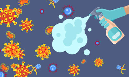 Antiseptic spray on grey backdrop. Bacterial disinfection for social banner, hygiene promotion,...