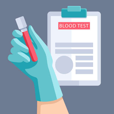 Hand in latex glove on grey backdrop. Medical tablet blood test for social banner, web element, health care promo, medical poster. Chemist shop logo or info card. Flat style stock vector illustrationのイラスト素材