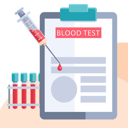 Medical syringe on white isolated backdrop. Blood test tubes for social banner, web element, health care promo, medical poster. Chemist shop logo or info card. Flat style stock vector illustrationのイラスト素材