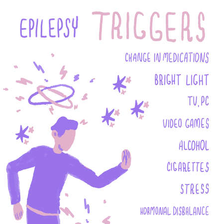 Epilepsy triggers text list on white isolated backdrop. Violet man for medical poster, social banner, info card or social network post. T shirt or hoody print. Hand drawn stock vector illustrationのイラスト素材