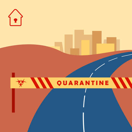 Quarantine text on yellow tall gate with empty road. City scape restricted area for social banner, propaganda poster, social network warning or info card. Minimal style stock vector illustrationのイラスト素材