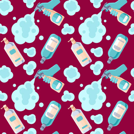 Aerosol bottles on red backdrop. Antiseptic spray seamless pattern for wrapping paper, sleeper, pillowcase or bed linen, bath tile. Phone case or cloth print. Minimal style stock vector illustrationのイラスト素材