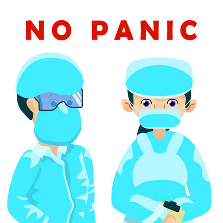 No panic text on white isolated backdrop. Medic staff in masks for social banner, medical or propaganda poster, social network warning, info card, cloth print. Minimal style stock vector illustrationのイラスト素材