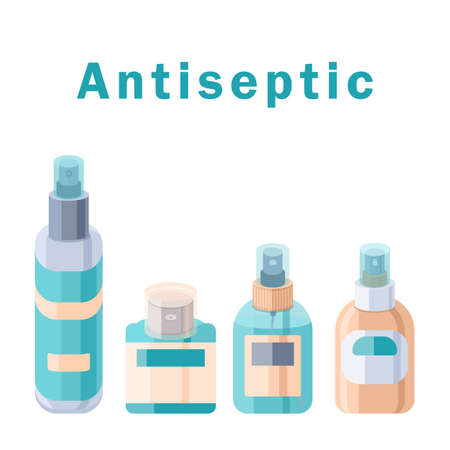 Antiseptic text with copy space on white isolated backdrop. Set of bottles for social banner, hygiene promotion, medical poster.のイラスト素材