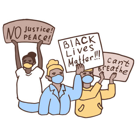 Black lives matter text on white isolated backdrop. Anti racist protest for invitation or gift card, social banner, news blog, flyer. Phone case or cloth print. Doodle style stock vector illustrationのイラスト素材