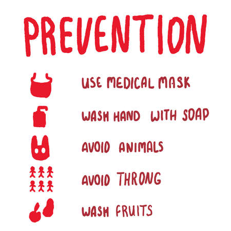 Coronavirus prevention tips list on white isolated backdrop. Red font for medical poster, social banner, info card or social network. T shirt or hoody print. Hand drawn style stock vector illustrationのイラスト素材