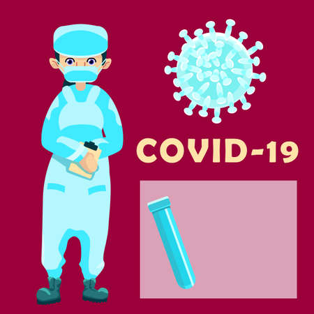 COVID-19 text with copy space on red backdrop. Nurse in mask for social banner, drug or analysis list, medical poster. Social network warning or info card. Minimal style stock vector illustrationのイラスト素材