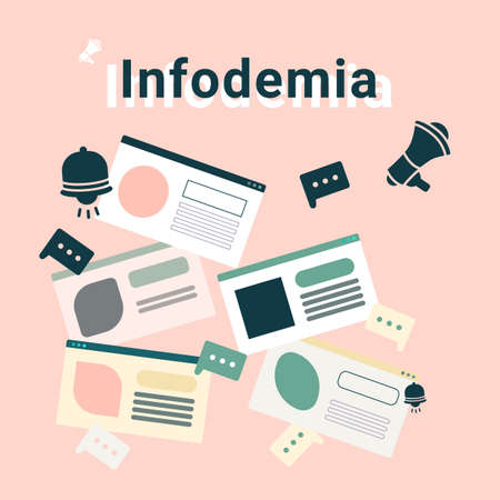 Infodemia text on beige backdrop. Web news symbol for social banner or propaganda poster, social network warning, info card. Website template or mockup. Minimal style stock vector illustrationのイラスト素材