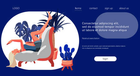 Home study on navy blue backdrop. Landing page with copy space for social banner, remote job vacancy, website info card, labor exchange. Web template or info page. Flat style stock vector illustrationのイラスト素材