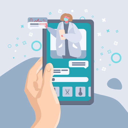 Mobile app infographics on grey backdrop. Online healthcare for social banner, landing page, health care promo, medical poster. Online chemist shop or info card. Flat style stock vector illustrationのイラスト素材